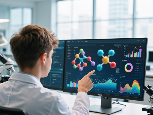 人工智能创新实验室场景，工程师在操作电脑屏幕显示复杂算法图表，现代化科技感办公室环境