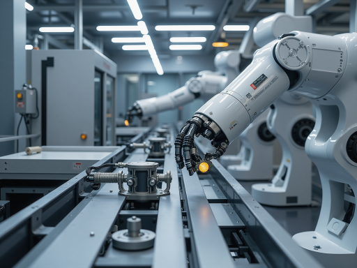 智能硬件集成项目，工业机器人在生产线上协同工作，现代化智能制造车间，LED照明设备，工人在旁监控