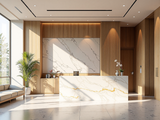 公司前台接待区域，现代化办公环境，接待台设计简洁，周围摆放绿植装饰