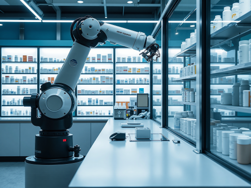 智能硬件展示区域，多种智能设备整齐摆放，包括机器人手臂、传感器、智能控制器等，现代化展示厅环境